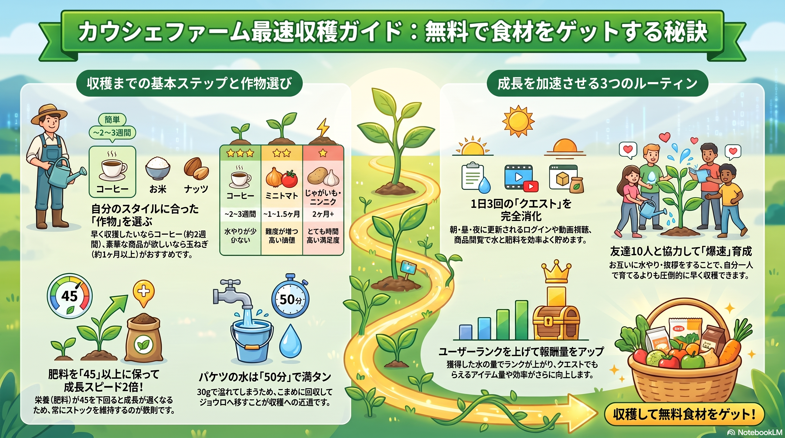 カウシェファーム最速収穫ガイド：収穫までの基本ステップと成長を加速させる3つのルーティン